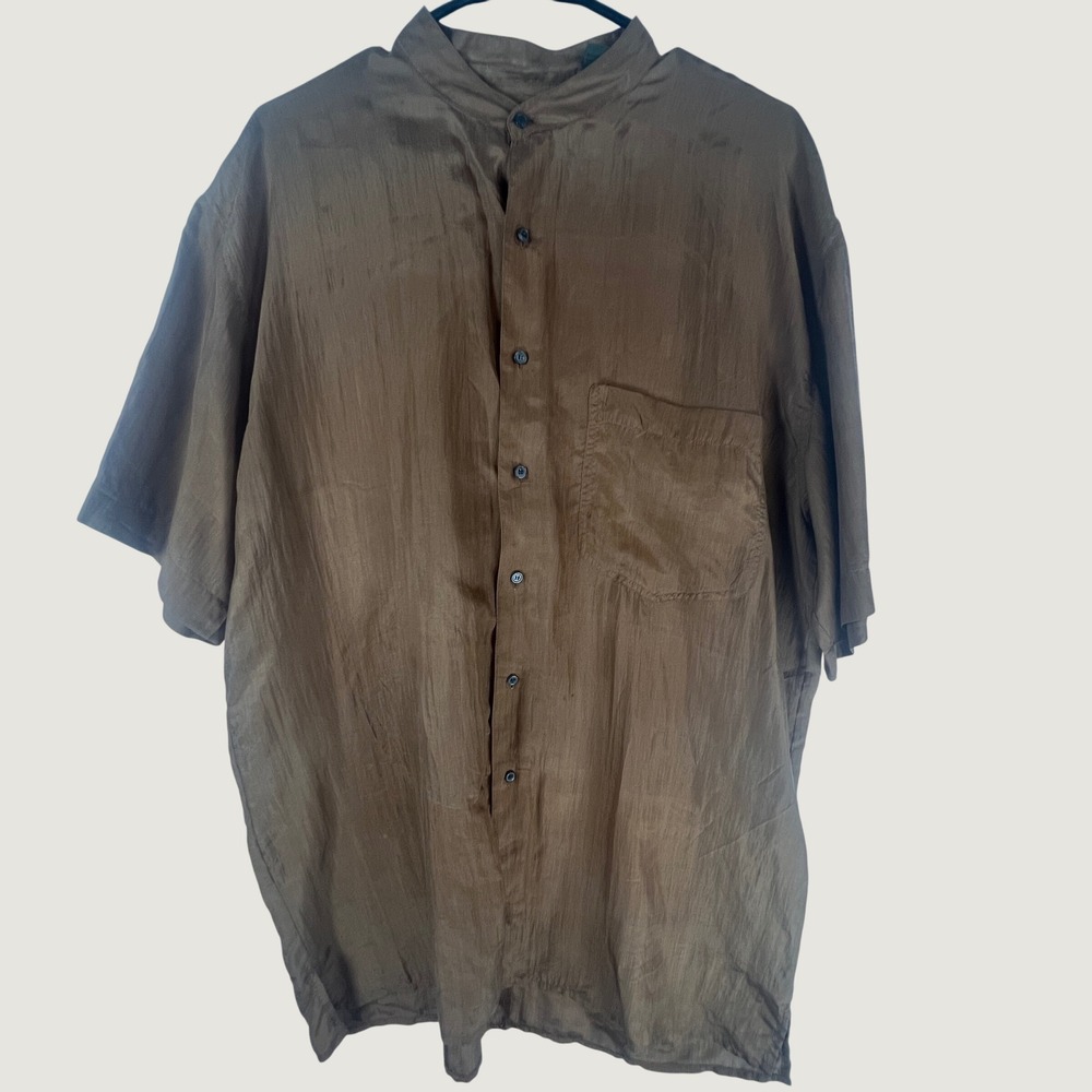 Vintage Robert Stock Mens 100% Silk Mandarin Collar Shirt Rust Short Sleeve Sz L